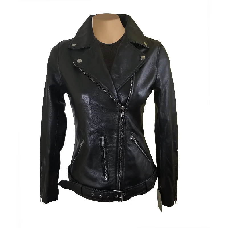 Emilie's black biker style leather jacket with waist belt Denim Fabric Leather Fabric Suede Fabric Emilie's black biker style leather jacket with waist belt Denim Fabric Leather Fabric Suede Fabric