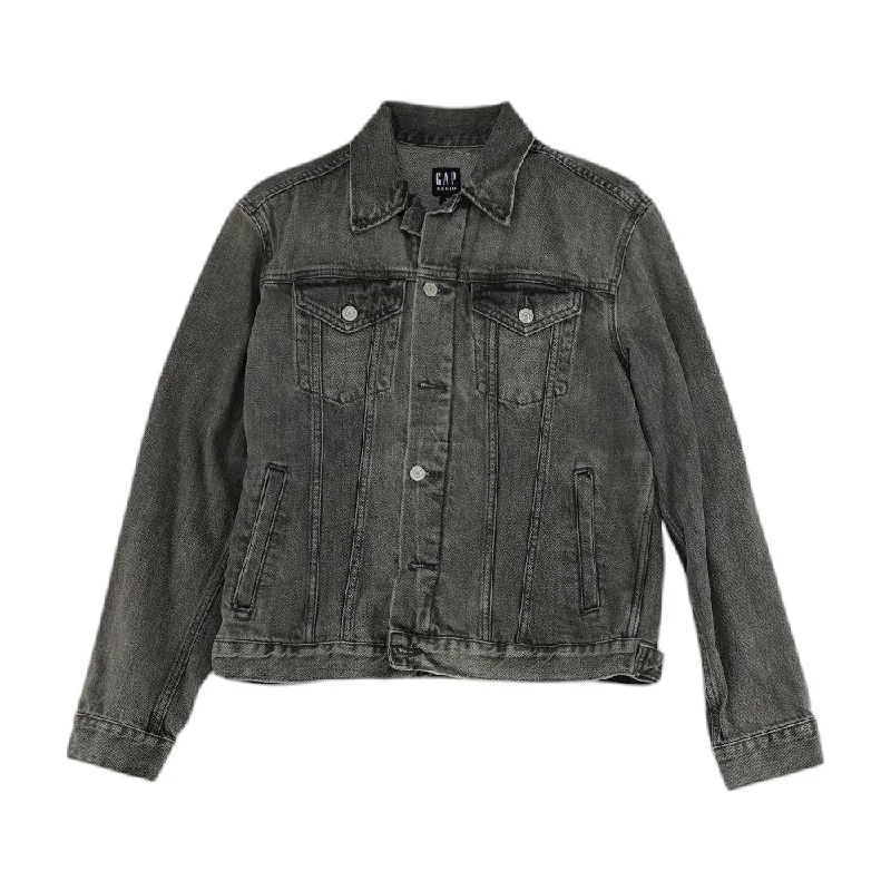 Gray Solid Denim Jacket Snapped Jacket Toggled Jacket Drawstring Jacket