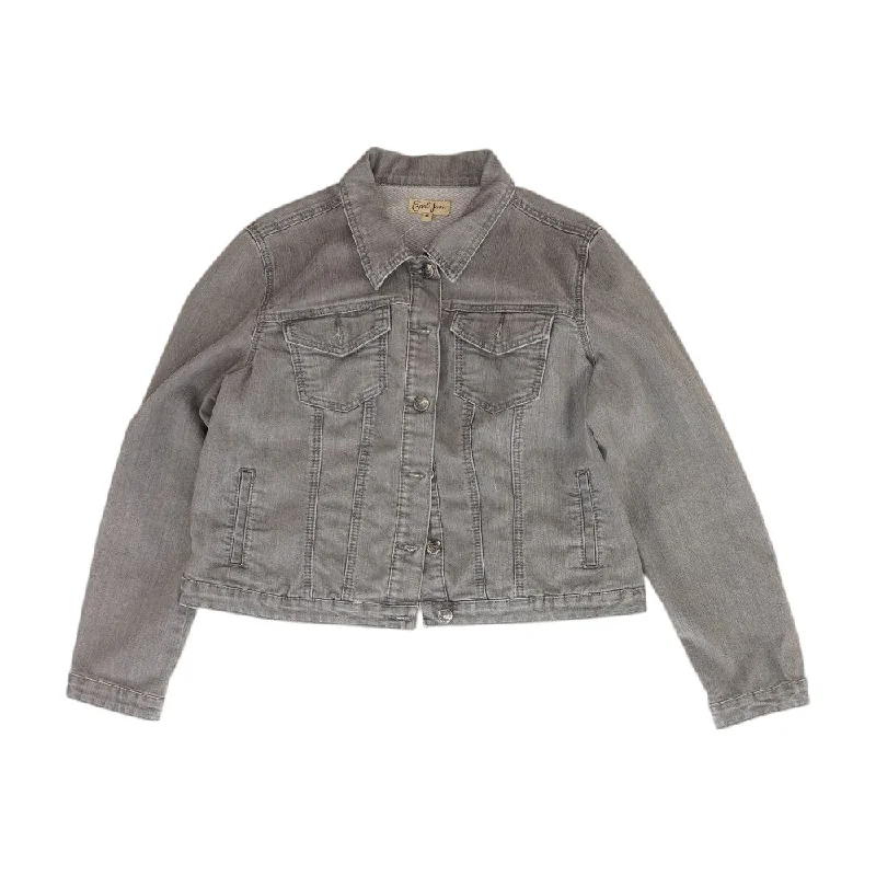 Gray Solid Denim Jacket A-Line Jacket Boat Neck Shawl Collar