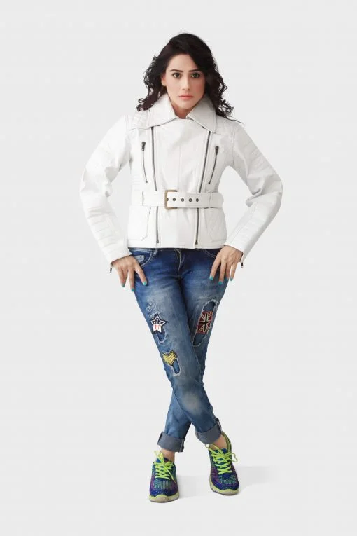 HAARLEM Women KUZE 11109 Leather Jacket White Knit Fabric Woven Fabric Fleece Fabric HAARLEM Women KUZE 11109 Leather Jacket White Knit Fabric Woven Fabric Fleece Fabric