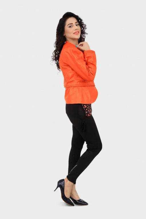 HAARLEM Women KUZE 11165 Leather Jacket Orange Notch Collar Peter Pan Collar Cowl Neck HAARLEM Women KUZE 11165 Leather Jacket Orange Notch Collar Peter Pan Collar Cowl Neck