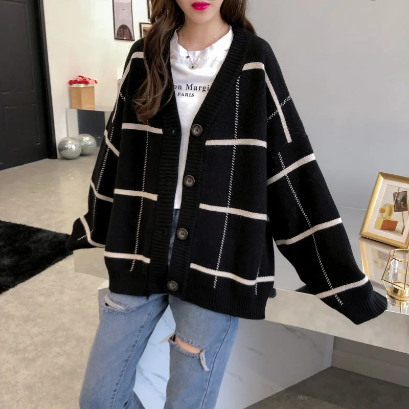 Harajuku sweater cardigan Plaid knitted jacket  5268 One-Shoulder Jacket Off-the-Shoulder Jacket Asymmetrical Jacket