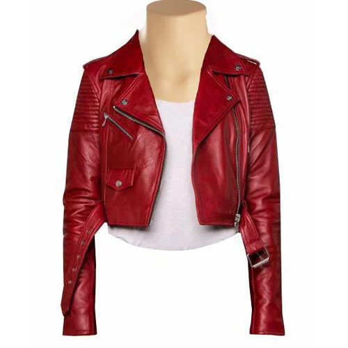 Martyna’s Red Crop Biker Leather Jacket With Waist Belt Stand-Up Collar Roll-Neck Collar Turtle Neck Martyna’s Red Crop Biker Leather Jacket With Waist Belt Stand-Up Collar Roll-Neck Collar Turtle Neck