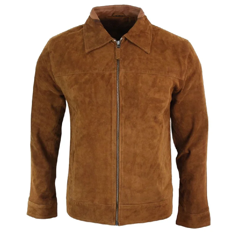 Men Suede Leather Brown Biker Jacket Boat Neck Shawl Collar Notched Collar
