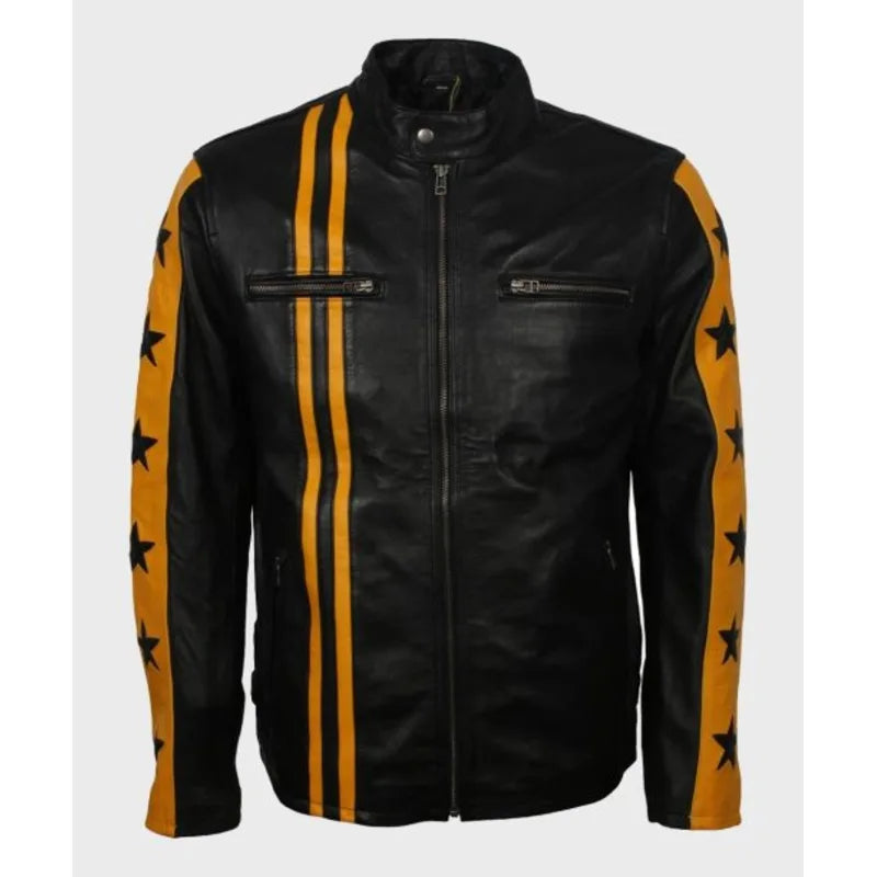 Mens Cafe Racer Yellow Star Black Leather Jacket Nylon Fabric Polyester Fabric Spandex Fabric Mens Cafe Racer Yellow Star Black Leather Jacket Nylon Fabric Polyester Fabric Spandex Fabric