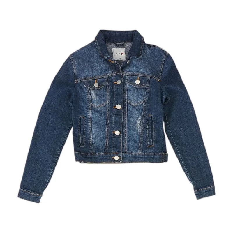 Navy Solid Denim Jacket Boat Neck Shawl Collar Notched Collar