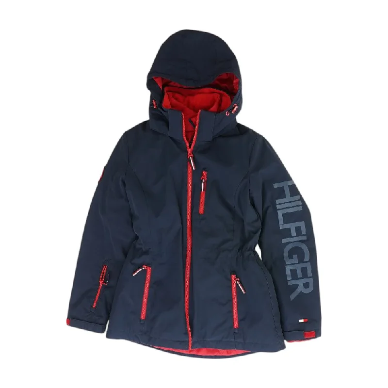 Navy Solid Puffer Jacket Knit Fabric Woven Fabric Fleece Fabric