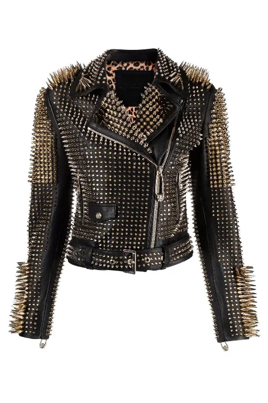 New 2024 Black Punk Silver Long Spiked Studded Leather Biker Jacket For Women Wool Fabric Cashmere Fabric Tweed Fabric New 2024 Black Punk Silver Long Spiked Studded Leather Biker Jacket For Women Wool Fabric Cashmere Fabric Tweed Fabric