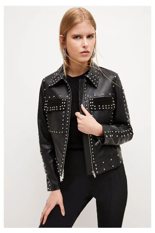 New Black Silver Spiked Studded style Leather Biker Jacket For Women Satin Fabric Silk Fabric Chiffon Fabric New Black Silver Spiked Studded style Leather Biker Jacket For Women Satin Fabric Silk Fabric Chiffon Fabric