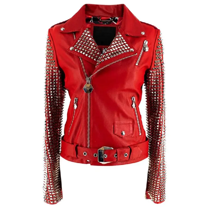 New Red studded Fashion Motorcycle Biker Leather Jacket For Women Faux Fur Fabric Real Fur Fabric Shearling Fabric New Red studded Fashion Motorcycle Biker Leather Jacket For Women Faux Fur Fabric Real Fur Fabric Shearling Fabric