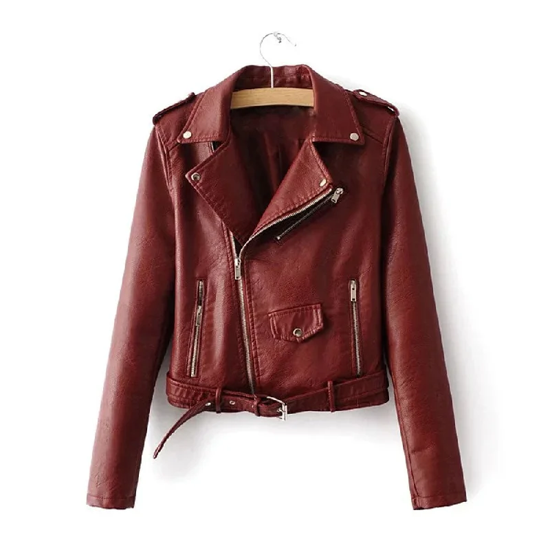 New Women's 2024 Sheepskin  Biker Red Leather Jacket Cardigan Sweater Pullover