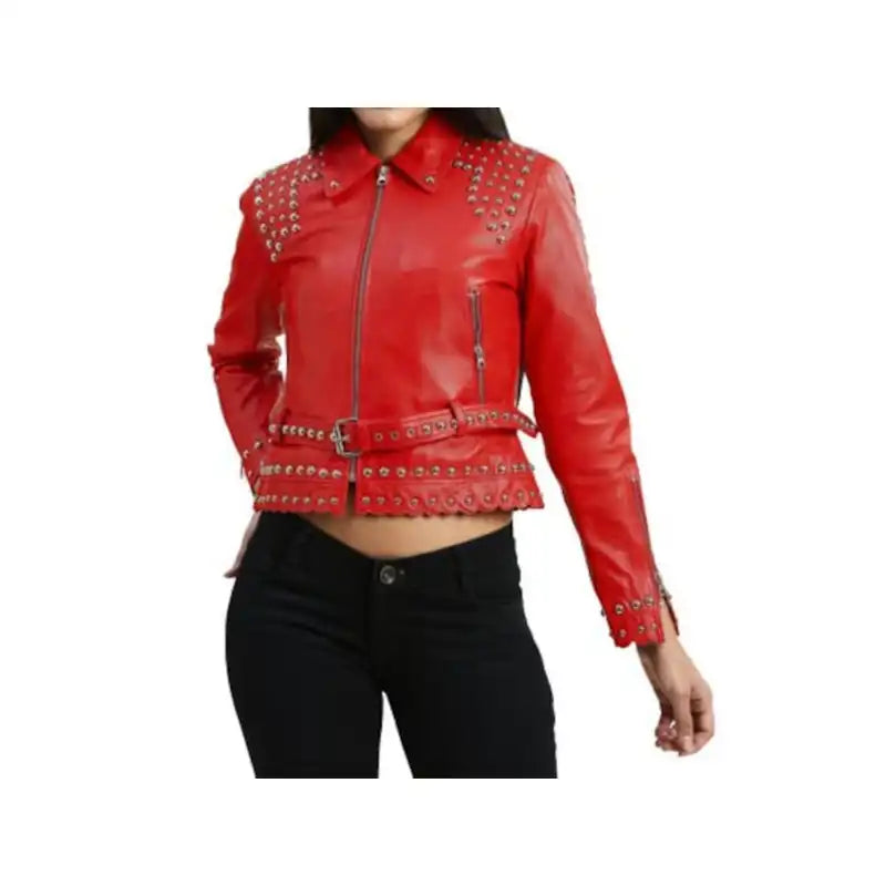 Sexy Cropped Red Studded Jacket Nylon Fabric Polyester Fabric Spandex Fabric