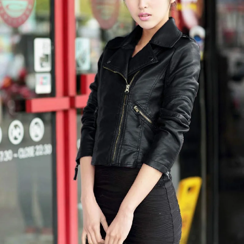 Trendy Tops for Women Leather Zipper Jacket Front Pockets Side Pockets Patch Pockets Trendy Tops for Women Leather Zipper Jacket Front Pockets Side Pockets Patch Pockets