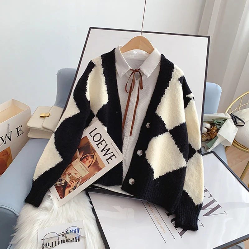 Vintage rhombic contrast cardigan sweater knitted jacket 5242 Zippered Jacket Buttoned Jacket Snapped Jacket Vintage rhombic contrast cardigan sweater knitted jacket 5242 Zippered Jacket Buttoned Jacket Snapped Jacket