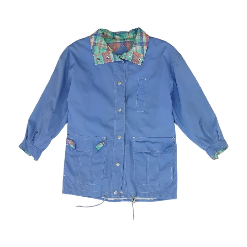 Vintage Snap Button Blue Solid Jacket Collared Jacket Crew Neck Jacket Turtle Neck Jacket