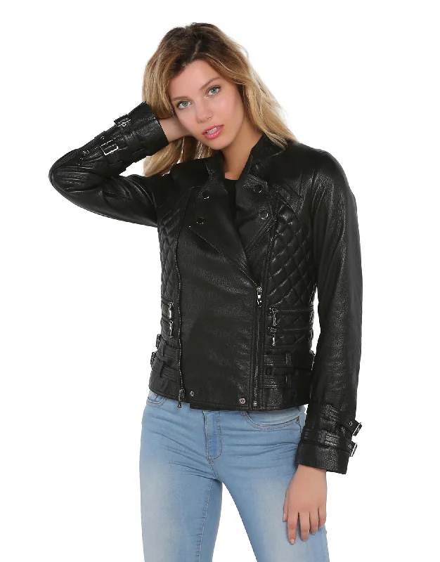 Woman's Biker Black Real Leather Jacket Fleece Jacket Down Jacket Feather Jacket