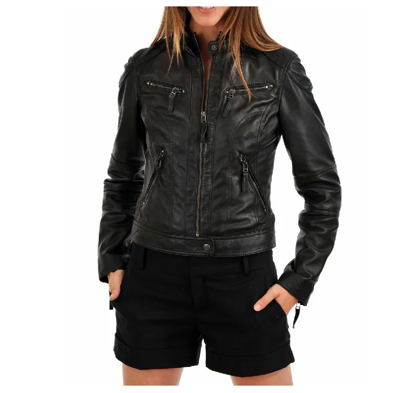 Women Biker Fashion Lambskin Leather Jacket For Sale Faux Fur Fabric Real Fur Fabric Shearling Fabric