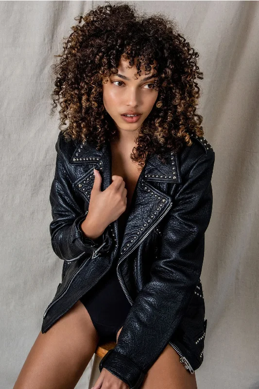 Women Black Motorcycle Silver Spiked Studded Style Leather jacket Fleece Fabric Down Fabric Feather Fabric Women Black Motorcycle Silver Spiked Studded Style Leather jacket Fleece Fabric Down Fabric Feather Fabric