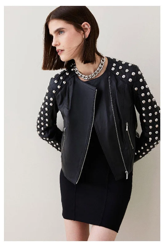 Women Black Spiked Studded Style Silver Leather Jacket Wool Fabric Cashmere Fabric Tweed Fabric Women Black Spiked Studded Style Silver Leather Jacket Wool Fabric Cashmere Fabric Tweed Fabric