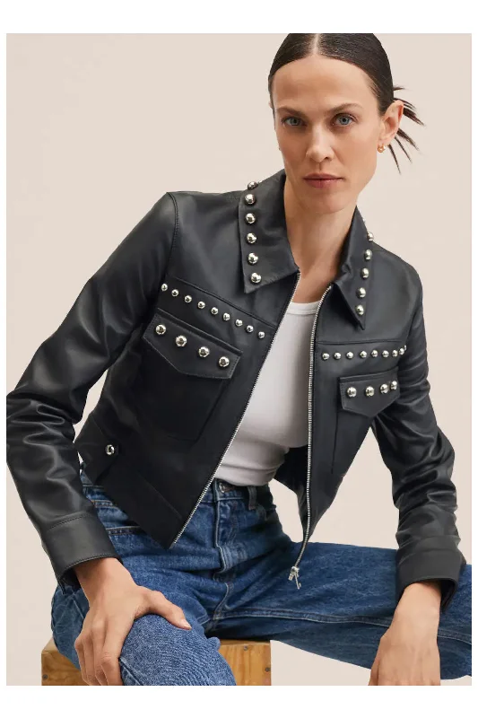 Women Black  style Silver Spiked Studded Motorcycle Leather Biker Jacket Herringbone Jacket Checkered Jacket Solid Jacket