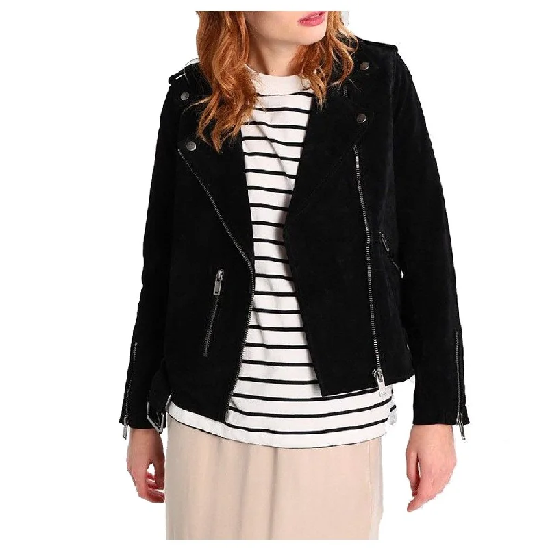 Women Black Suede Leather Motorcycle Jacket Hooded Jacket Caped Jacket Shawl Collar Jacket