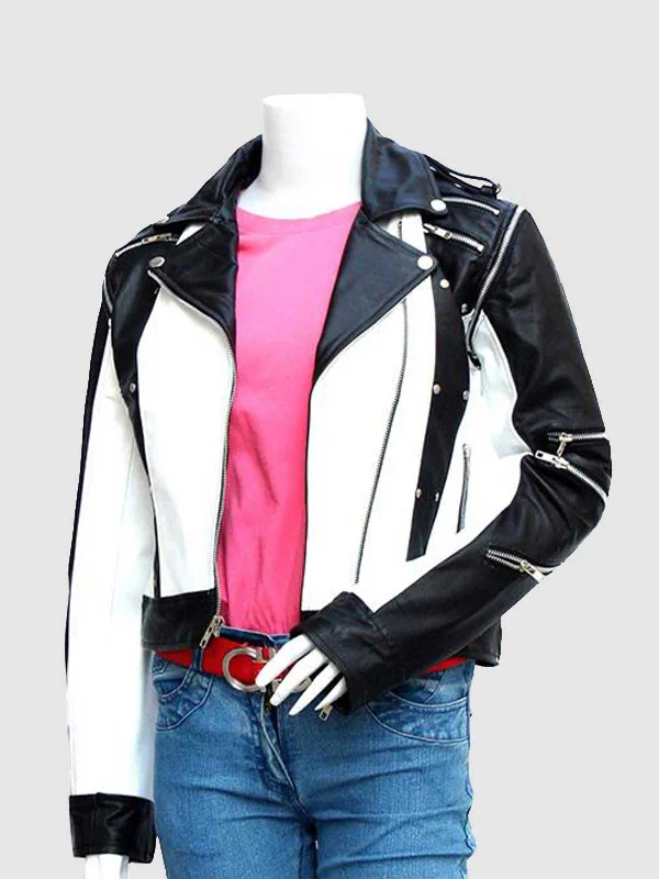 Black & White Leather Jacket Front Pockets Side Pockets Patch Pockets