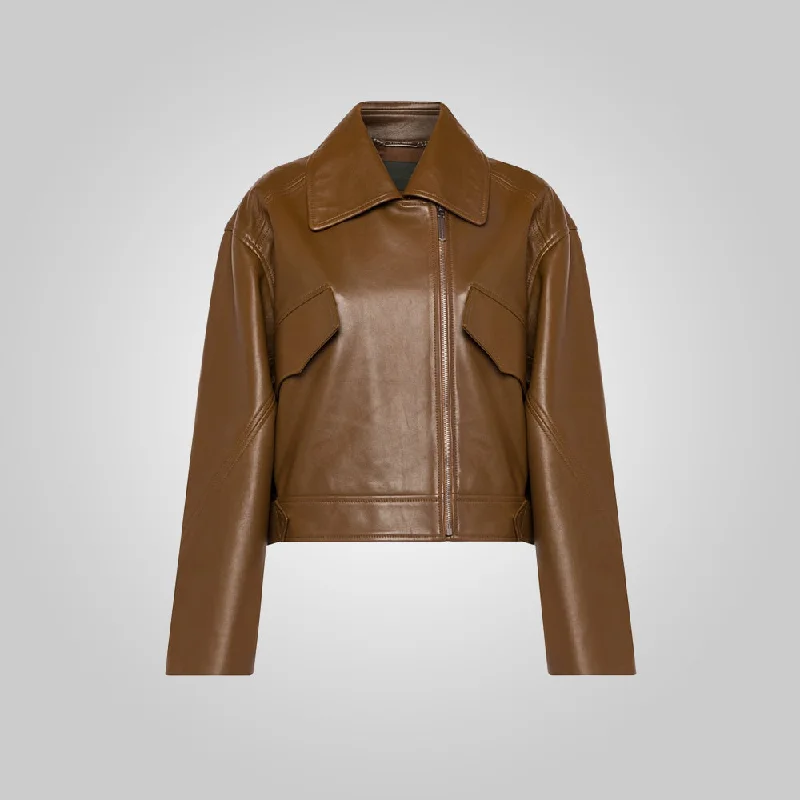 Women Brown Pointed Collar Plain Leather Jacket Faux Fur Jacket Real Fur Jacket Shearling Jacket Women Brown Pointed Collar Plain Leather Jacket Faux Fur Jacket Real Fur Jacket Shearling Jacket
