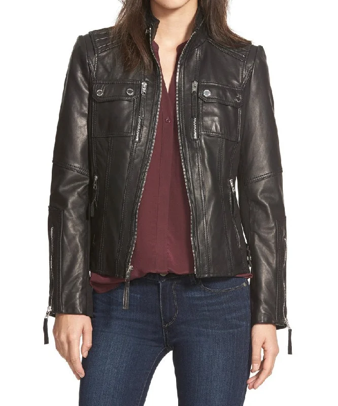 Women Classic Leather Jackets: Janita Zippered Front Buttoned Front Snap Front