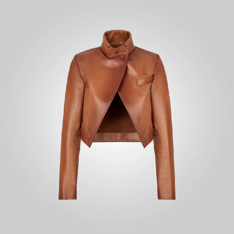 Women Cropped Goatskin Brown Leather Jacket Mesh Jacket Canvas Jacket Denim Jacket