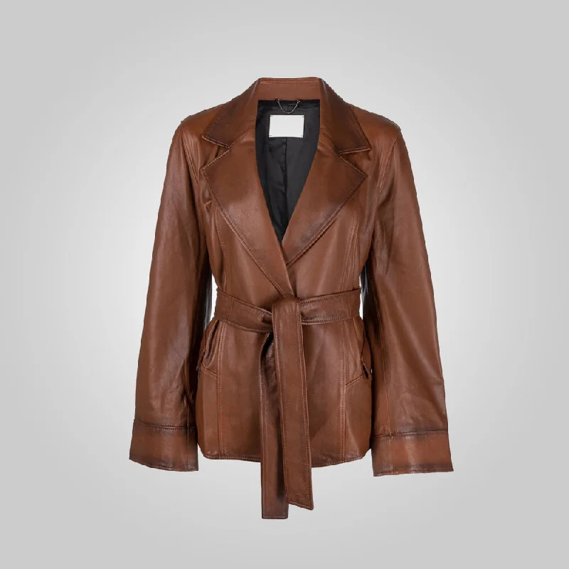 Women Goatskin Belted Brown Leather Jacket Print Jacket Jacquard Jacket Embroidered Jacket