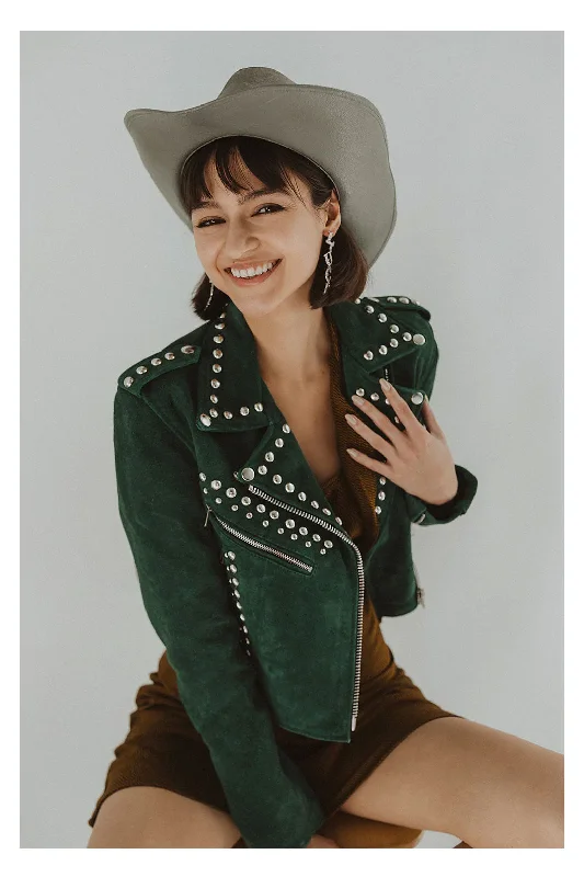Women Green Studded Style Silver spiked Motorcycle Leather Biker Jacket Cotton Jacket Linen Jacket Terry Jacket Women Green Studded Style Silver spiked Motorcycle Leather Biker Jacket Cotton Jacket Linen Jacket Terry Jacket