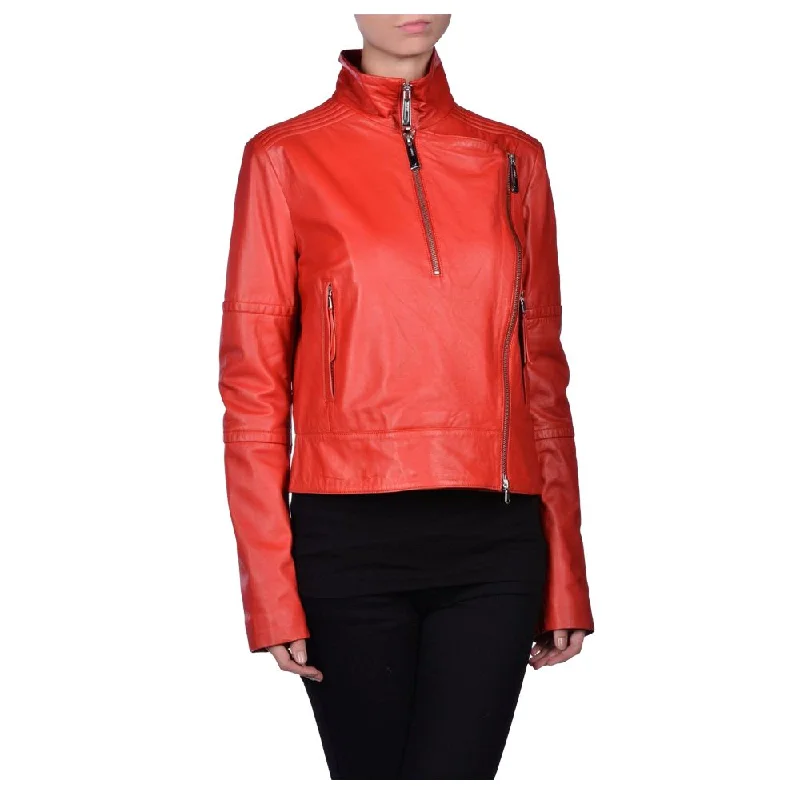 Red Slim Fit Leather Jacket Women Front Pockets Side Pockets Patch Pockets
