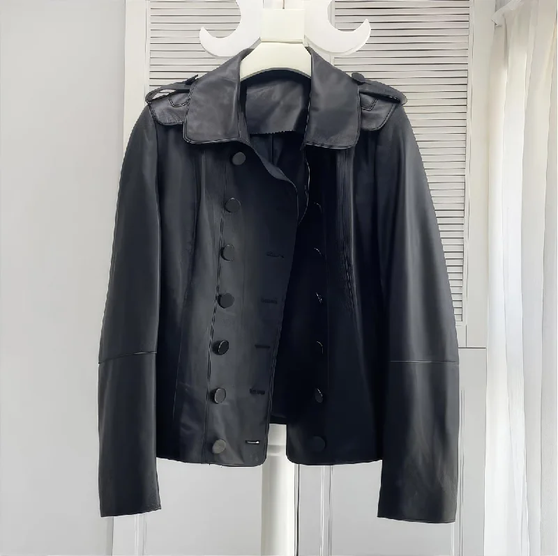 Women’s Black Genuine Sheepskin Double Breasted Winter Vintage Korean Fashion Chic Outfit Trendy Plain Leather Jacket Fleece Jacket Down Jacket Parka Women’s Black Genuine Sheepskin Double Breasted Winter Vintage Korean Fashion Chic Outfit Trendy Plain Leather Jacket Fleece Jacket Down Jacket Parka