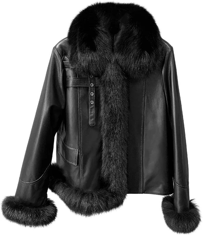 Women’s Black Genuine Sheepskin Sherpa Shearling Faux Fur Collar Elegant Korean Fashion Slim Fit Winter Warm Leather Jacket Cotton Fabric Linen Fabric Terry Fabric