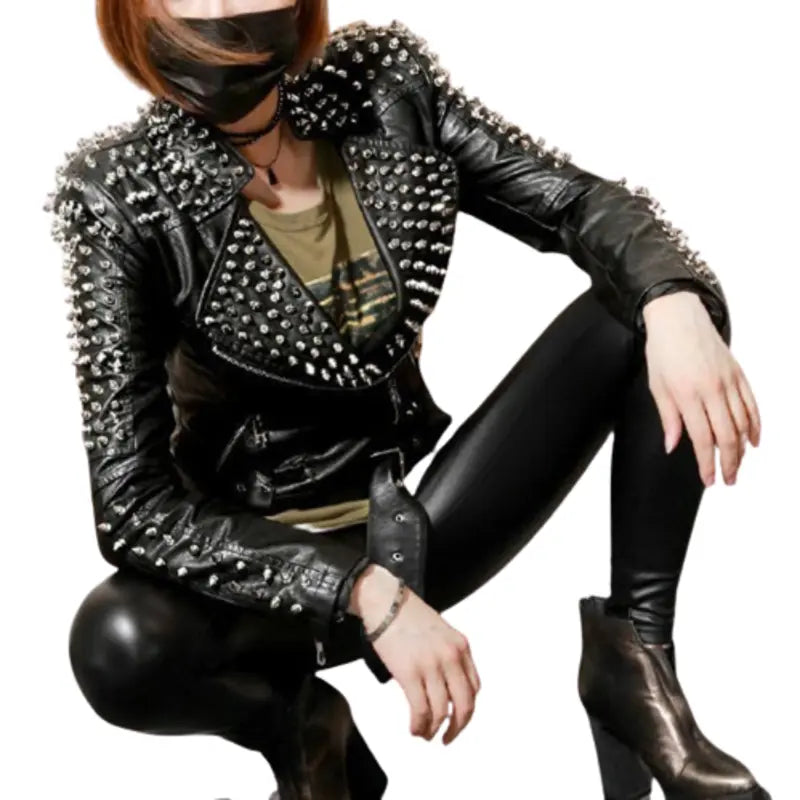 Women Sexy Studded and Spiked Jacket Zippered Front Buttoned Front Snap Front