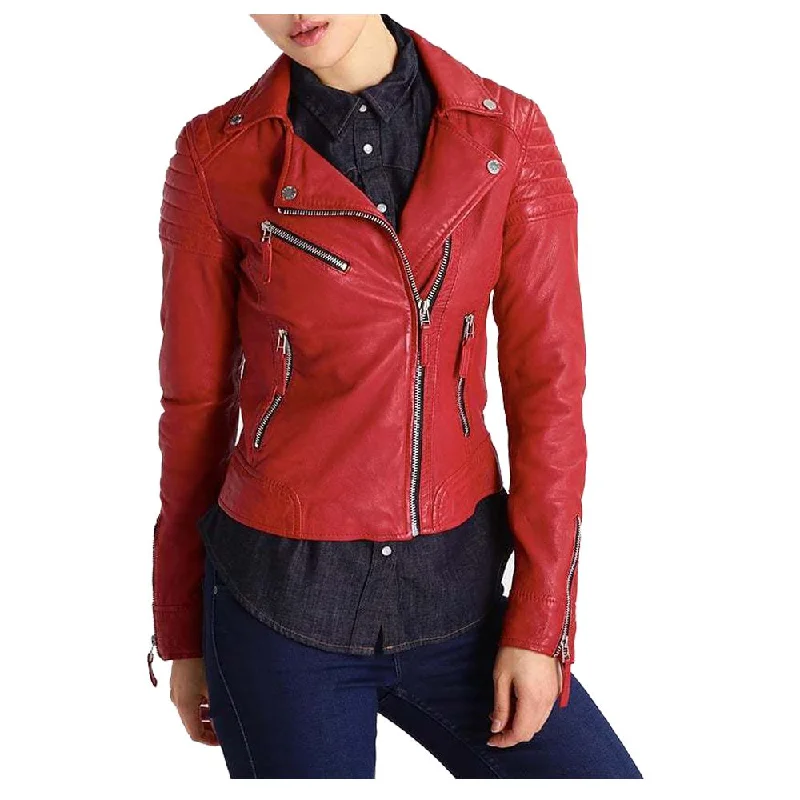 Women Red Leather Slim Fit Jacket Cardigan Sweater Pullover