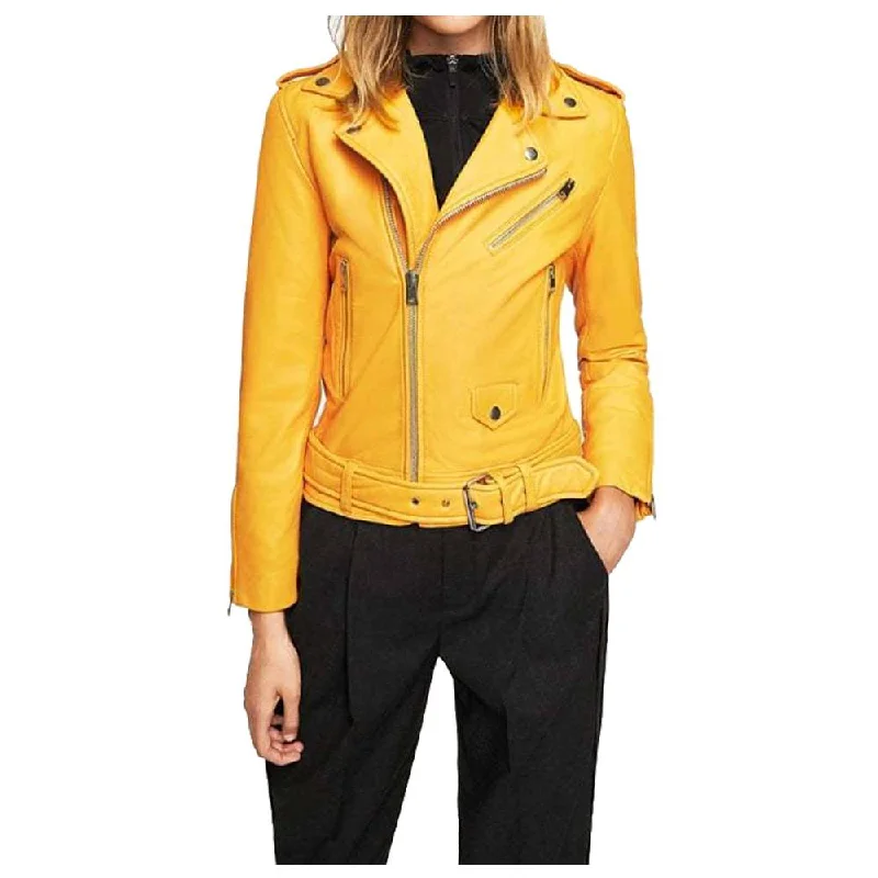 Women Yellow Mango Slim Fit Leather Jacket Zip Front Button Front Snap Front