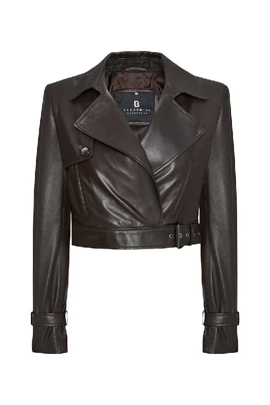 Bella Women's Cropped Lamb Leather Jacket - Dark Chocolate Trench Coat Raincoat Waterproof Jacket Bella Women's Cropped Lamb Leather Jacket - Dark Chocolate Trench Coat Raincoat Waterproof Jacket