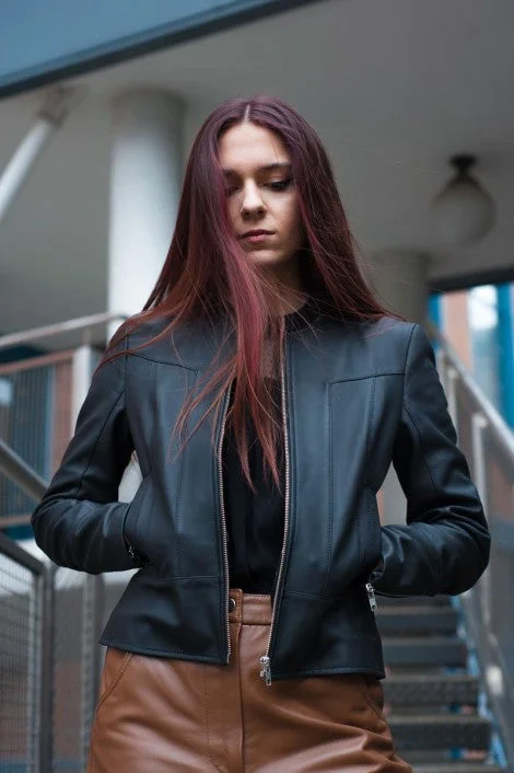 Womens Casual Bomber Black Leather Jacket Wool Jacket Cashmere Jacket Tweed Jacket