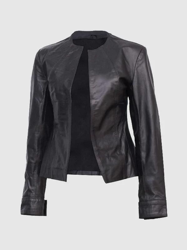 Collarless Leather Jacket Welt Pockets Slit Pockets Flap Pockets