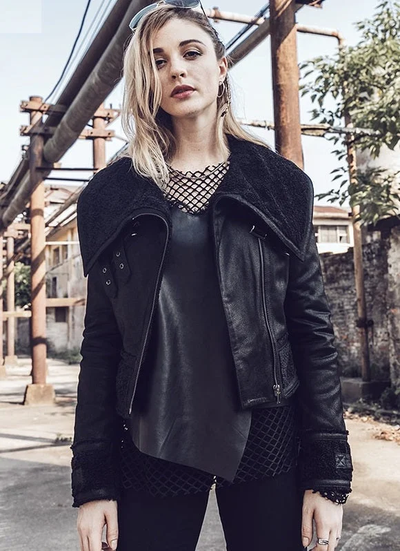 Womens Fur Shearling Genuine Leather Jacket Welt Pockets Slit Pockets Flap Pockets