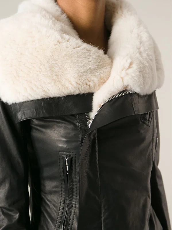 Wide Collar Real Sheep Fur Leather Jacket One-Shoulder Jacket Off-the-Shoulder Jacket Asymmetrical Jacket Wide Collar Real Sheep Fur Leather Jacket One-Shoulder Jacket Off-the-Shoulder Jacket Asymmetrical Jacket