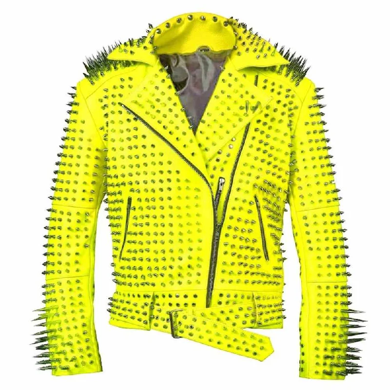 Yellow Brando Spiked Silver Studded Leather Jacket Mens Elasticated Jacket Padded Jacket Insulated Jacket Yellow Brando Spiked Silver Studded Leather Jacket Mens Elasticated Jacket Padded Jacket Insulated Jacket