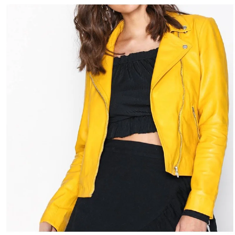 Yellow Retro Women Leather Jacket Ribbed Jacket Pleated Jacket Ruffled Jacket