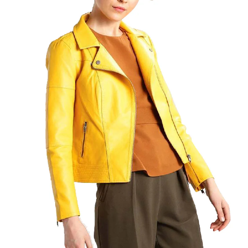 Stylish Yellow Slim Fit Leather Jacket Women's Ribbed Jacket Pleated Jacket Ruffled Jacket Stylish Yellow Slim Fit Leather Jacket Women's Ribbed Jacket Pleated Jacket Ruffled Jacket