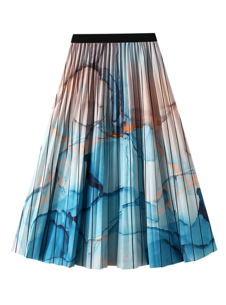 PLEATED RETRO GRADIENT PRINT SKIRT flowy skirt hem