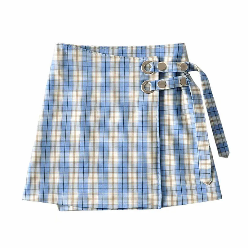 American retro niche blue plaid high waisted irregular diagonal skirt BY9132 button skirt front
