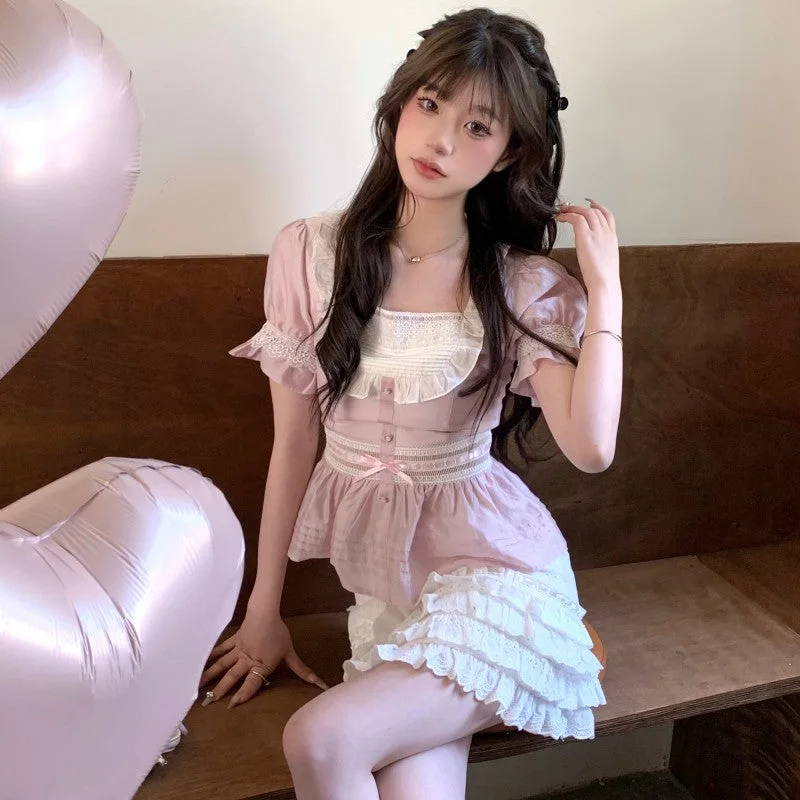 Ballet style puff sleeve shirt + high waist fluffy skirt PL53373 satin skirt smooth