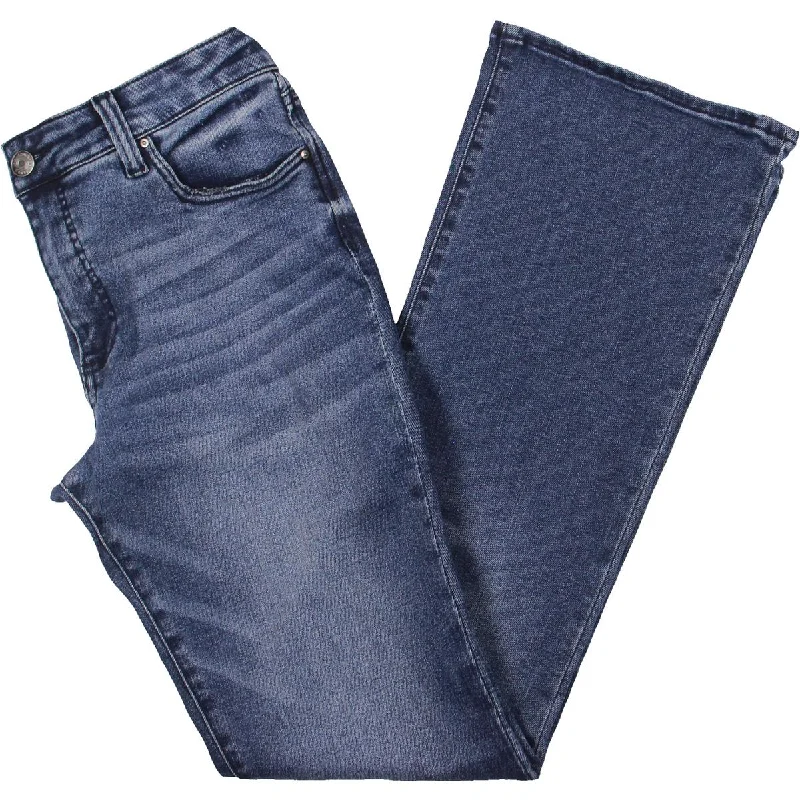 Natalie Womens High Rise Faded Bootcut Jeans Trendy Patchwork Denim Jeans
