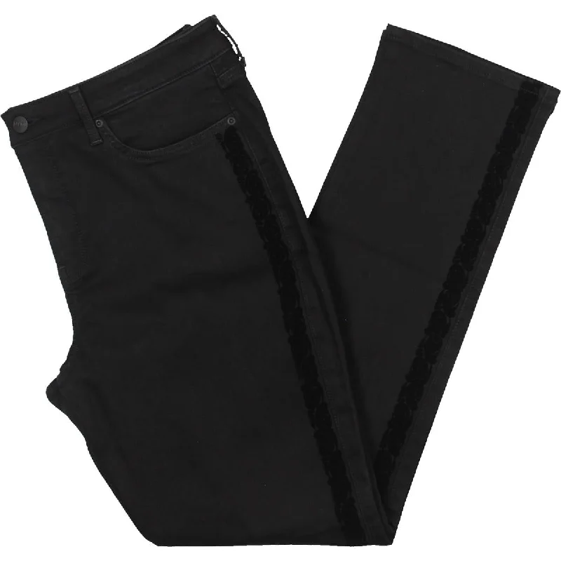 Sheri Womens Velvet Trim High Rise Slim Jeans Casual Distressed Skinny Jeans